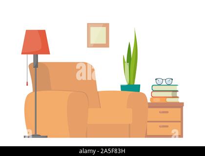 Gemütliches Wohnzimmer: Sessel, Nachttisch, Bücher und Stehleuchte. Innere Elemente der Startseite Bibliothek. Liebe Lesung Konzeption Illustration, flacher Stil Vektor Stock Vektor
