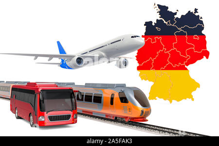 Personenverkehr in Deutschland von Bussen, Zügen und Flugzeugen, Konzept. 3D-Rendering auf weißem Hintergrund Stockfoto