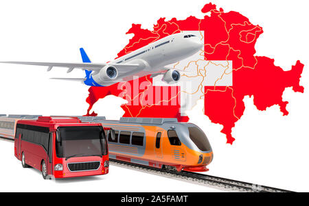 Personenverkehr in der Schweiz von Bussen, Zügen und Flugzeugen, Konzept. 3D-Rendering auf weißem Hintergrund Stockfoto