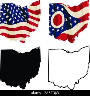 Ohio mit USA-Flagge Ohio Flagge, schwarze Silhouette und schwarzer Umriss isoliert Vector Illustration Stock Vektor