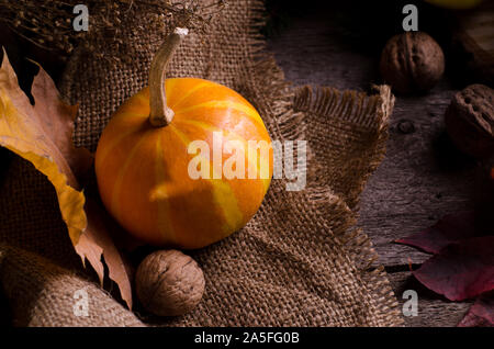 Dunkle Moody ländliche Stilleben mit leuchtend orange Kürbisse, Reif, Sonnenblumen, Physalis und farbige Blätter im Herbst. Herbstliche Komposition auf einer alten hölzernen Surf Stockfoto