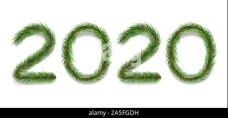 Fir Tree Branches realistische Vector Illustration. Evergreen Tannenzweigen in der Form Nummer 2020 auf weißem Hintergrund. Traditionelle winter Urlaub, Weihnachten Banner, Postkarte design Element Stock Vektor