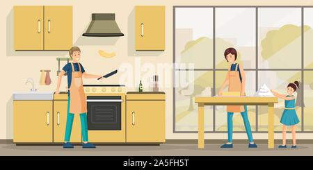 Familie kochen Mittagessen flachbild Vector Illustration. Glückliche Eltern und Kind in der Küche Zeichentrickfiguren. Vater leckere Pfannkuchen, Mutter und Tochter Teig kneten zusammen Stock Vektor