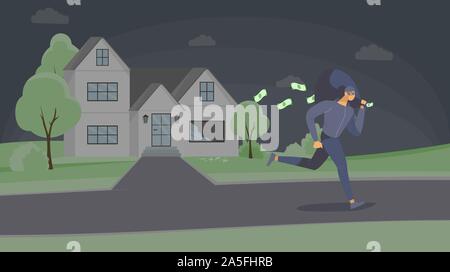 Räuber stehlen Bargeld flachbild Vector Illustration. Gefährliche Kriminelle in der Maske entweicht mit Geld beutel cartoon Charakter. Dieb laufen weg nach Raub, Einbruch in der Verkleidung verlassen Tatort Stock Vektor