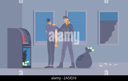 Gescheiterten Einbruchversuch flachbild Vector Illustration. Polizisten in Uniform und Räuber in Handschellen Zeichentrickfiguren. Security Guard gefangen Dieb Geld stehlen von Geldautomaten, kriminellen Befürchtung Stock Vektor