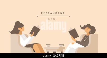 Restaurant Menü Flachbild banner Vektor Vorlage. Cafe Kunden, Freundinnen Zeichentrickfiguren. Modische cafe Poster Werbung Konzept. Junge Frauen in den Sesseln Abbildung sitzen mit Typografie Stock Vektor