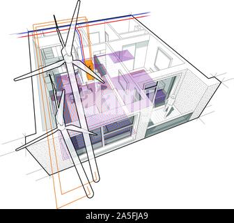 Apartment Diagramm mit Fußbodenheizung und die Windenergieanlagen angeschlossen Stock Vektor