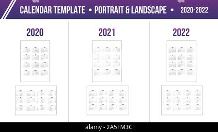 Kalender 2020 2021 2022 Jahr Raster im Hoch- und Querformat einfacher Stil Vorlage. Woche beginnt ab Sonntag. Vektor Illustration auf isolierte Stock Vektor