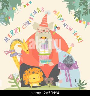 Santa Claus mit Löwen, Giraffen, Panda, Koala und Elephant Stock Vektor