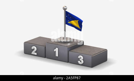 Tokelau 3D wehende Flagge Abbildung auf siegertreppchen mit drei Rang platziert. Auf weissem Hintergrund. Stockfoto