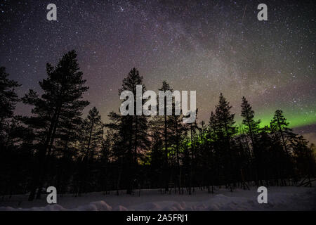 Nordlicht über Winter Wald Landschaft Lappland, Finnland Stockfoto