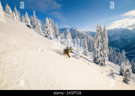 Man Skifahren im Tiefschnee in den österreichischen Alpen, Zauchensee, Salzburg, Österreich Stockfoto