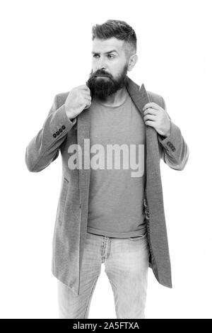 Bärtige hipster brutale Person. Casual Outfit. Schule des guten Benehmens. Tipps und Tricks gut aussehender Mann. Attraktiv und schön. Bärtige und stattlich. Selbstverbesserung Konzept. Wie gefällt Ihnen mein Stil. Stockfoto