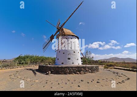 Traditionelle Windmühle auf Fuerteventura mit windmühlenflügel. Stockfoto