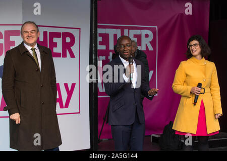London, Großbritannien. 19. Oktober, 2019. Sam Gyimah, Liberaldemokratischen MP für East Surrey, hier gesehen mit der stellvertretende Chef der Liberaldemokraten Sir Ed Davey und Stockfoto