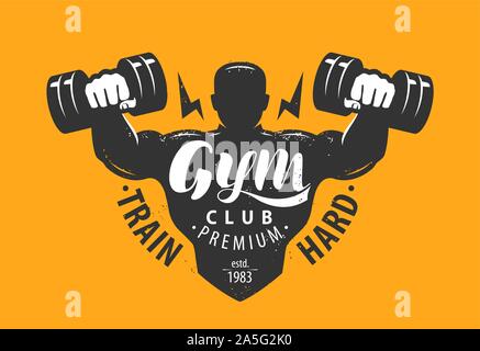 Logo des Fitnessclubs. Sport, Bodybuilding Emblem. Vektordarstellung für Schriftzüge Stock Vektor
