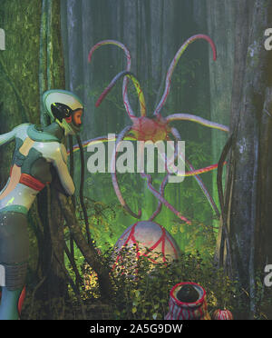 Besuchen Sie die fremden Planeten, 3D-Darstellung Stockfoto