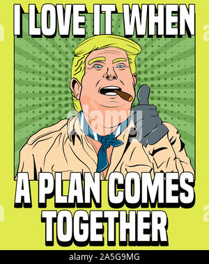 Politische Karikatur von Comandante Donald Trump einen Sieg feiern. Stockfoto