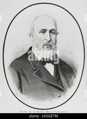 Manuel Milá y Fontanals (Vilafranaca del Penedès, 1818 - Barcelona, 1884). Filólogo, escritor, Crítico literario e historiador de la literatura. Dibujo por Badillo. Grabado por Arturo Carretero (1852-1903). La Ilustración Española y Americana, 30 de Noviembre de 1884. Stockfoto