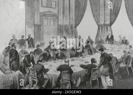 (Imperio Alemán). Alemania. Berlín. Conferencia de Berlín (16 de Noviembre de Febrero de 1885 1884-26). Convocada por Francia y Reino Unido y organizado por el canciller Alemán, Otto von Bismarck, Para entknoten La expansión Colonial de África y su repartición. Una sesión diplomática de la conferencia sobre los asuntos de África. Grabado por Bernardo Rico (1825-1894). La Ilustración Española y Americana, 22 de November de 1884. Stockfoto