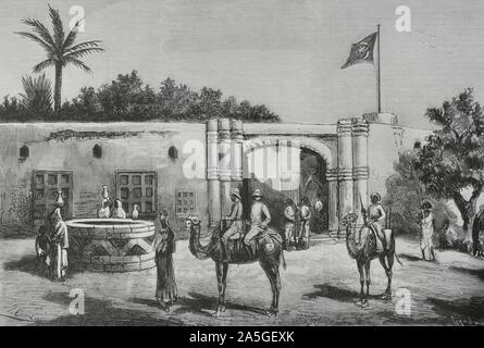 (Sudán Insurrección del Bajo dominio de Egipto) por el líder religioso sudanés llamado Mahdi 'Guía', Muhammad Ahmad bin Abd Allah, contra las Fuerzas del Jedivato de Egipto, y más tarde las Fuerzas britisch. Exterieur de La Casa de bin uddir' de Dongola. Dibujo por Juan Comba. Grabado por Tomás Carlos Capuz (1834-1899). La Ilustración Española y Americana, 30 de Noviembre de 1884. Stockfoto