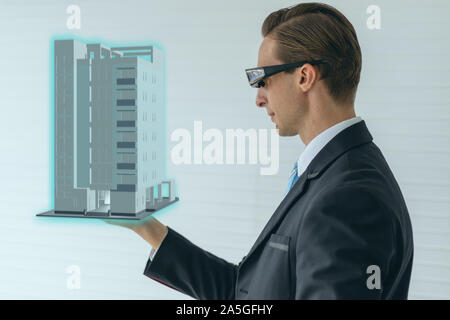 Smart Gläser device technology Konzept, Engineering das Gebäude mit gemischter Nutzung augmented virtual reality mit künstlicher Intelligenz Technolog Stockfoto