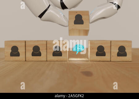 3D-Rendering hand Roboter künstliche Intelligenz Mann versuchen zu finden, oder eine Idee, die nach dem positiven Denken team Brainstorm, treffen, diskutieren Stockfoto