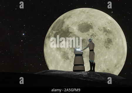 Ai künstliche Intelligenz Roboter versuchen, die Hand in die Robot Assistant zu setzen, während vor der Mond Hintergrund Stockfoto