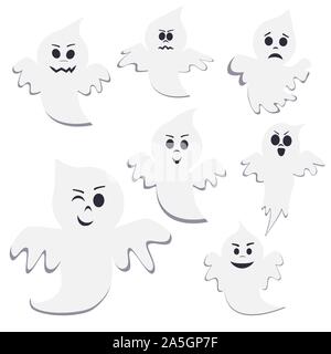 Satz von verschiedenen Stellen cartoon Ghost auf weißem Hintergrund. Stock Vektor