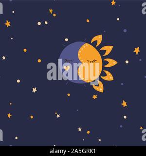 Sonne, Sterne und Mond. Vector Illustration. Nachthimmel. Nahtlose Muster Hintergrund. Stock Vektor