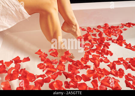 Zugeschnittenes Bild der jungen Frau, die ihre schönen Beine in Badewanne mit Rosenblättern Stockfoto