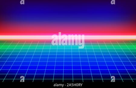 Synthwave oder retro wave Hintergrund. Futuristische Musik Vektor neon Landschaft mit Raster. Video Spiel im 3D-Hintergrund, im Stil der 80er. Stock Vektor