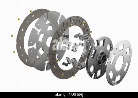 3D-Rendering. Ersatzteile für Pkw- und Lkw-Kupplungsscheibe. Auto Teile für Getriebe. Separates Bild aller in Kupplungsscheibe Objekte. Stockfoto