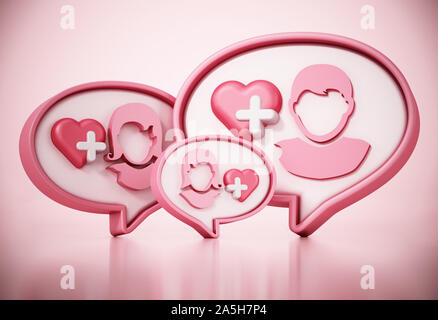 Sprechblase mit Herz und Leute Symbole auf. 3D-Darstellung. Stockfoto
