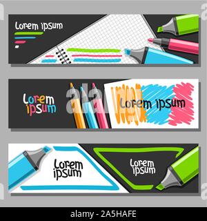 Vektor horizontale Banner mit farbigen Markierungen, 3 Layouts für die Website Header mit leeren kariert Notizbuch, von lebendigen Filzstiften und h Stock Vektor