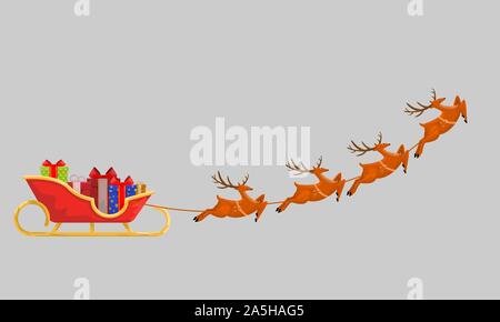 Santas Schlitten mit Geschenken und Rentier Line-up für Weihnachten Geschenk Lieferung. Isolierte flache, feste und Cartoon Stil Vector Illustration. Stock Vektor