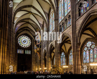 Das Kirchenschiff und Rosette der Kathedrale Notre-Dame in Straßburg, Frankreich, beleuchtet durch Sonnenlicht mit der gefederten Pipe Organ auf der rechten Seite. Stockfoto