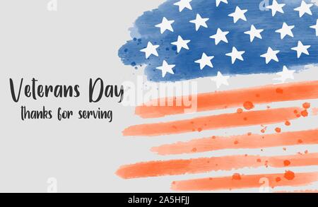 Veterans Day aquarell Banner mit amerikanischer Flagge im Hintergrund. Stock Vektor