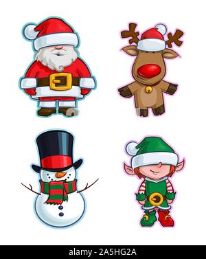 Vektor Cartoon Icon Set von Santa Claus, Rudolf das Rentier, Red-Nose ein Schneemann und ein Elf. Abbildungen Linien, Farben, Schatten und Lichter ordentlich in w Stock Vektor