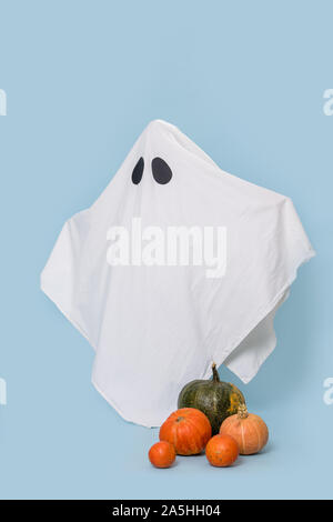 Kleines Kind gekleidet, wie White Ghost auf Halloween mit Kürbissen zu seinen Füßen. Stockfoto