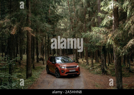 Minsk, Weißrussland - September 24, 2019: Land Rover Discovery Sport auf Landstraße n Herbst Wald landschaft. Stockfoto