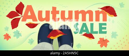 Herbst Sale, Text und Vektor Illustration, Abdeckung oder Website Hintergrund. Blick von oben auf die weiblichen Beine oder Baby Schuhe mit der Ahorn und wilde Weinblättern Stock Vektor