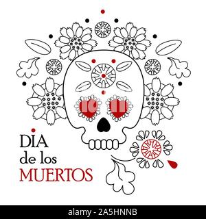 Tag der Toten, Dia de los Muertos weißer Hintergrund, Banner und Grußkarte Konzept mit Zucker Schädel oder Calavera, Blumen und Text. Stock Vektor