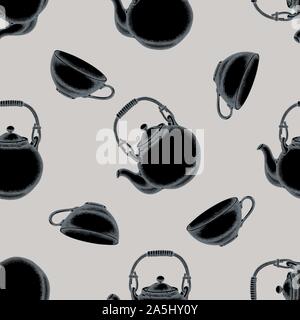 Nahtlose Muster mit Hand gezeichnet stilisierte Teekannen, Tassen lieferbar Abbildung: Stock Vektor
