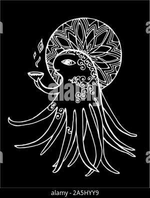 Schwarz-weiß illustration eines fantastischen Octopus mit einer Schüssel. Kreide auf einer Tafel. Stock Vektor