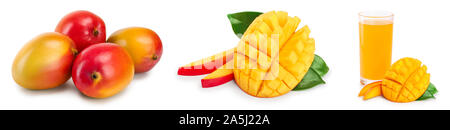 Mango Obst Hälfte mit Blättern und Schichten auf weißem Hintergrund schließen isoliert. Eingestellt oder Sammlung. Stockfoto