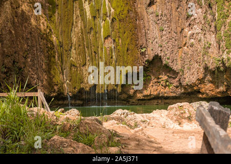 Schöne Nahaufnahme von El Limon tropischen Wasserfall mit viel Moos und dampfenden Wasser - Vorderansicht der letzte Teil der Wasserfall entfernt Stockfoto