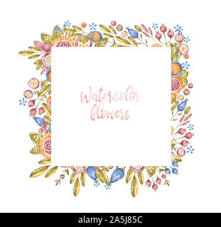 Platz aquarell Blume Rahmen auf weißem Hintergrund. Aquarelle floral Rahmen, hand Karte gezogen. Von Hand bemalt, Wildblumen, quadratische Bo Stockfoto