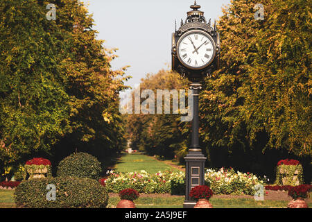 Öffentliche Uhr im Cismigiu Park in der Innenstadt von Bukarest, Rumänien, der an einem sonnigen Herbsttag Stockfoto