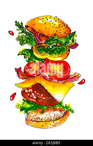 Lecker Hamburger mit fliegenden Zutaten auf weißem Hintergrund. Hand gezeichnet Burger. Skizze. Abbildung. Stockfoto